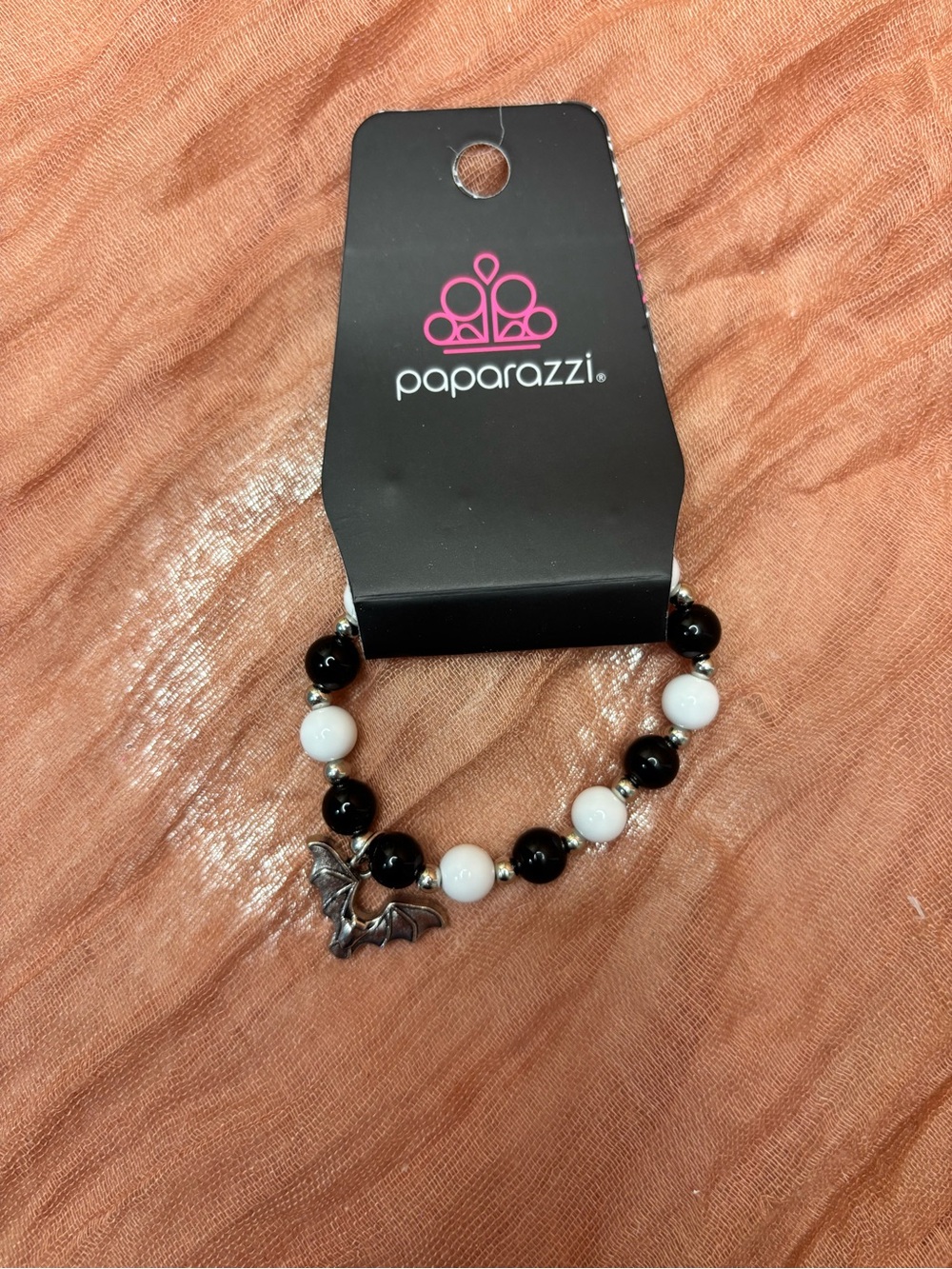 Paparazzi Black and White Beaded Bracelet with Bat Charm